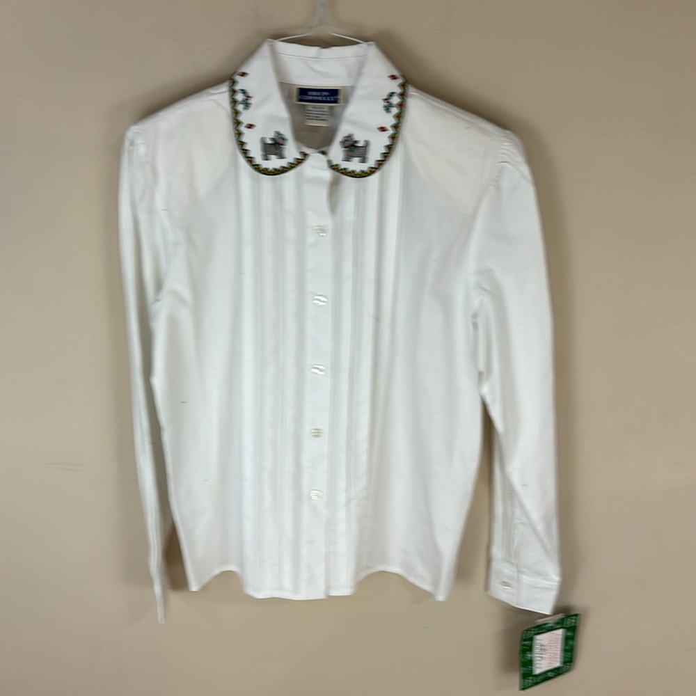 Vintage Bryn Connelly White Christmas Scottie Dogs Cotton Shirt Size 6 NWT